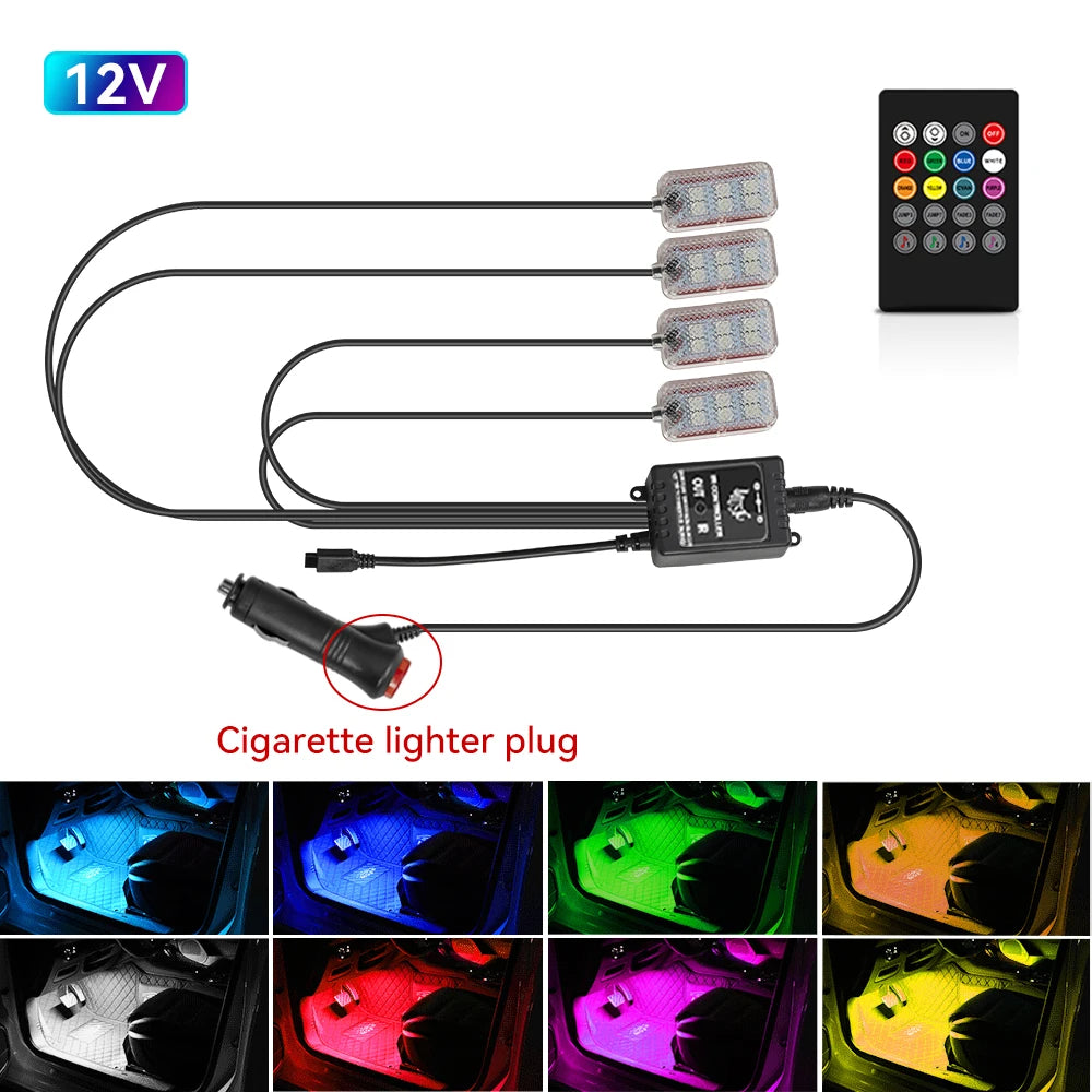 LED Car Interior foot Accessories Remote App Music Control Auto RGB Decorative Lamp
