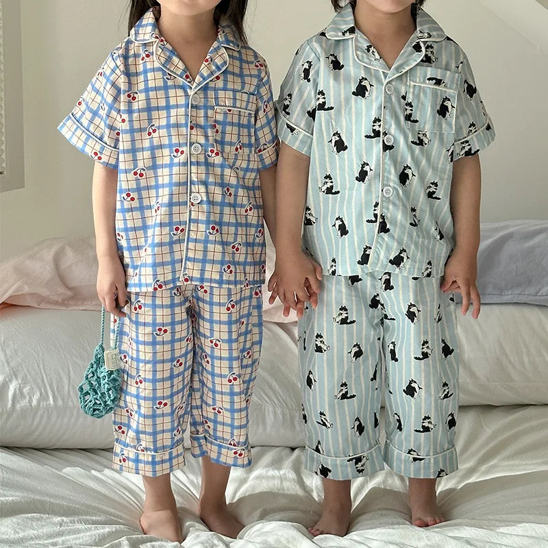 1-10 Years Old Brother Sister Clothes Girls Checkered Cherry Family Suit Boys T Shirt + Shorts 2PCS Suit Children Clothing Set