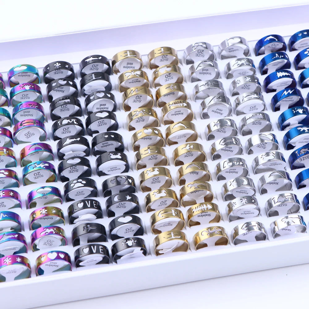 10/20/30/50Pcs Classic Fashion Stripe Hollow Colorful Sticker Stainless Steel Ring Trend Women Jewelry