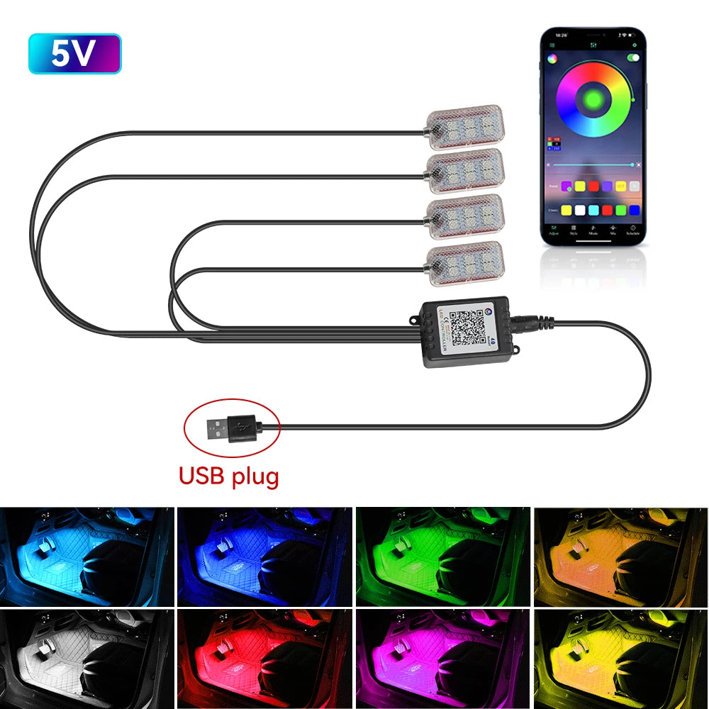 LED Car Interior foot Accessories Remote App Music Control Auto RGB Decorative Lamp