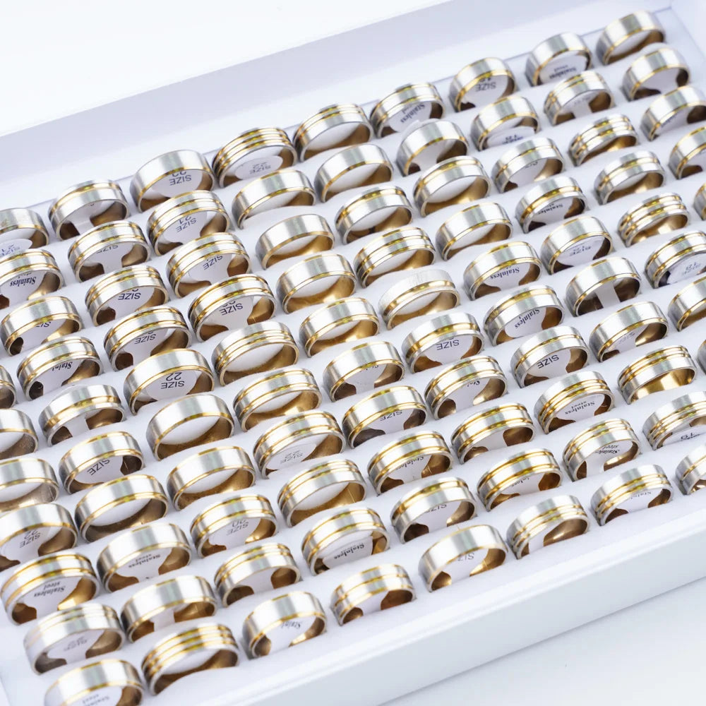 10/20/30/50Pcs Classic Fashion Stripe Hollow Colorful Sticker Stainless Steel Ring Trend Women Jewelry