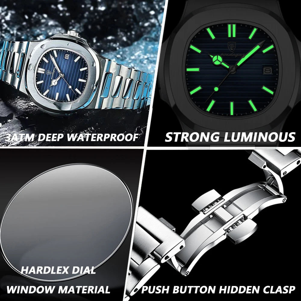 2023 New POEDAGAR Luxury Watch Waterproof Stainless Steel Square Quartz Men