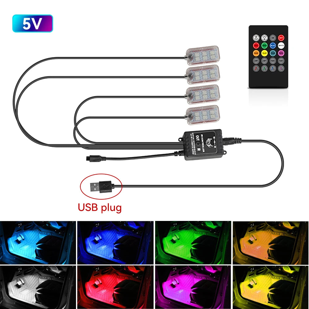 LED Car Interior foot Accessories Remote App Music Control Auto RGB Decorative Lamp