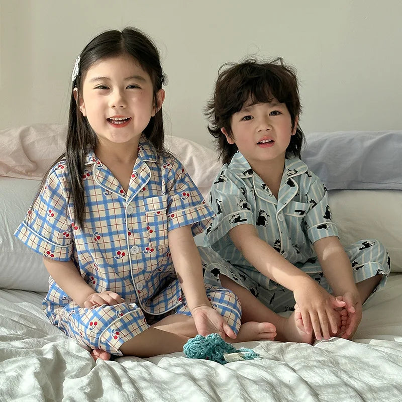 1-10 Years Old Brother Sister Clothes Girls Checkered Cherry Family Suit Boys T Shirt + Shorts 2PCS Suit Children Clothing Set