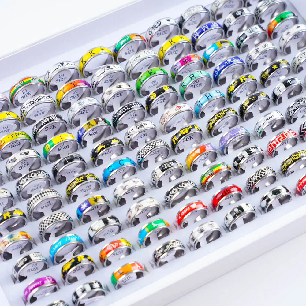 10/20/30/50Pcs Classic Fashion Stripe Hollow Colorful Sticker Stainless Steel Ring Trend Women Jewelry