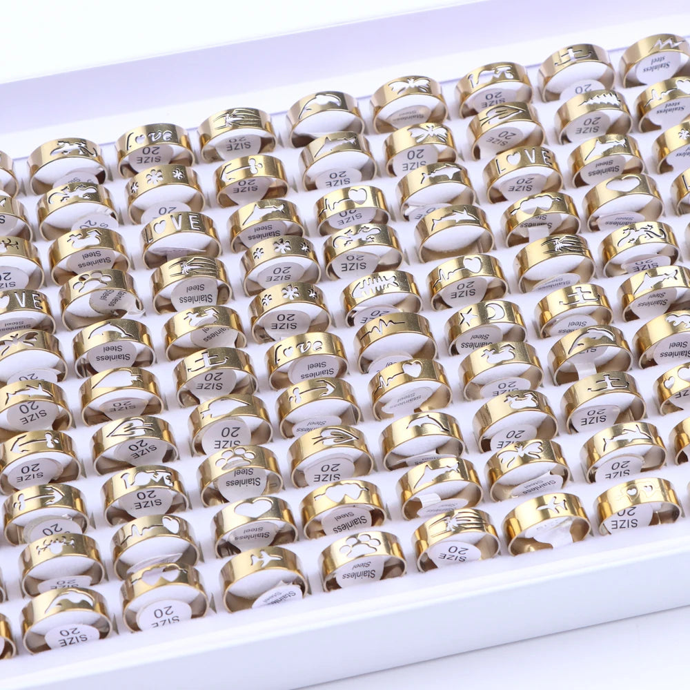 10/20/30/50Pcs Classic Fashion Stripe Hollow Colorful Sticker Stainless Steel Ring Trend Women Jewelry