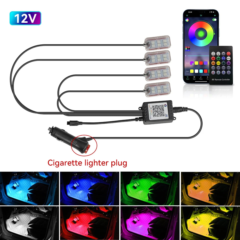LED Car Interior foot Accessories Remote App Music Control Auto RGB Decorative Lamp