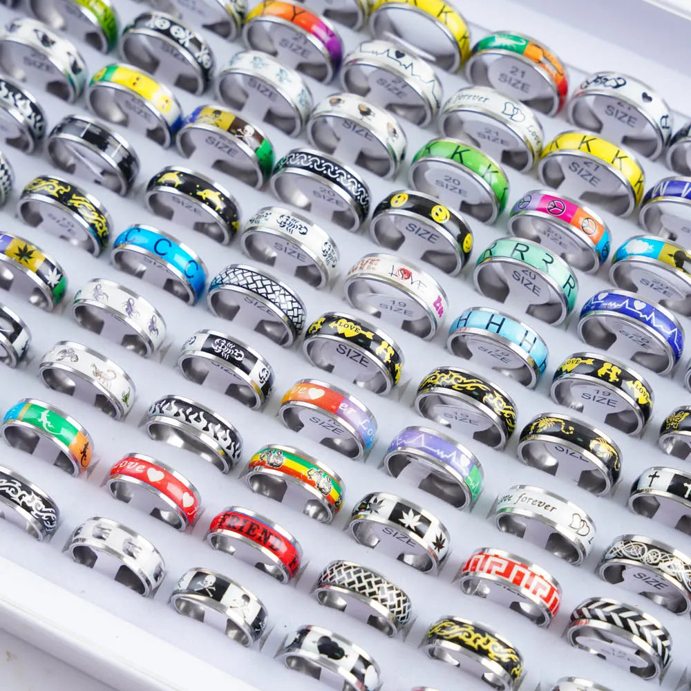 10/20/30/50Pcs Classic Fashion Stripe Hollow Colorful Sticker Stainless Steel Ring Trend Women Jewelry