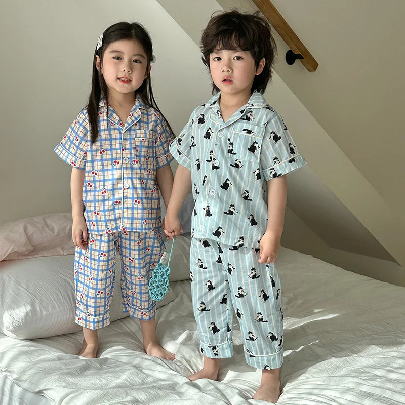 1-10 Years Old Brother Sister Clothes Girls Checkered Cherry Family Suit Boys T Shirt + Shorts 2PCS Suit Children Clothing Set