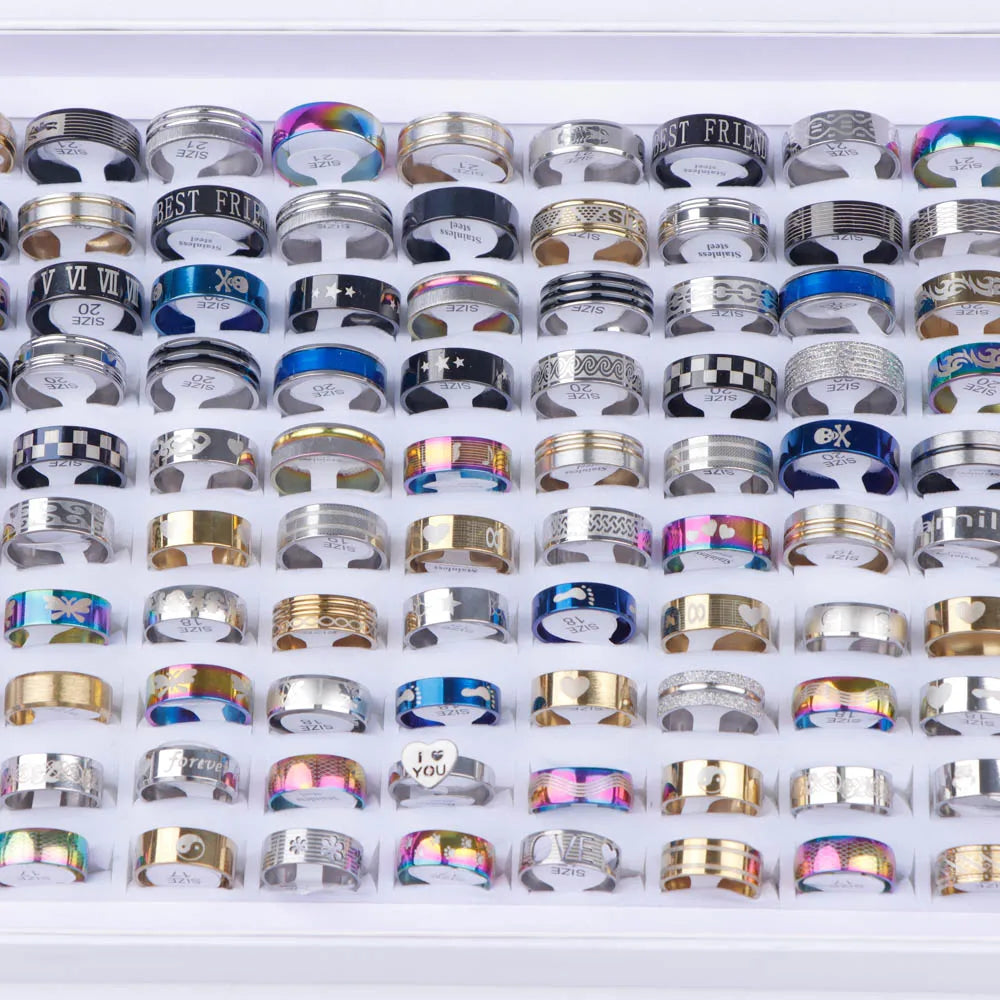 10/20/30/50Pcs Classic Fashion Stripe Hollow Colorful Sticker Stainless Steel Ring Trend Women Jewelry