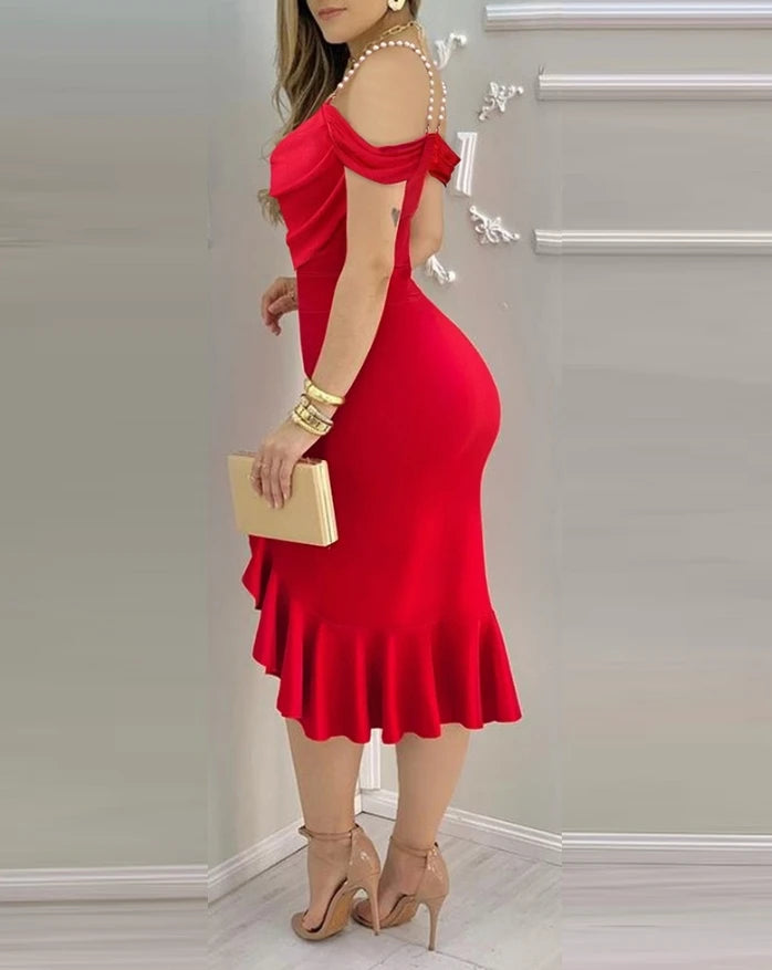 Women's Casual Fake Two Piece Cowl Neck Pearls Strap Bodycon Dress Temperament Wedding Guest Sexy Beauty Skinny Party Dresses