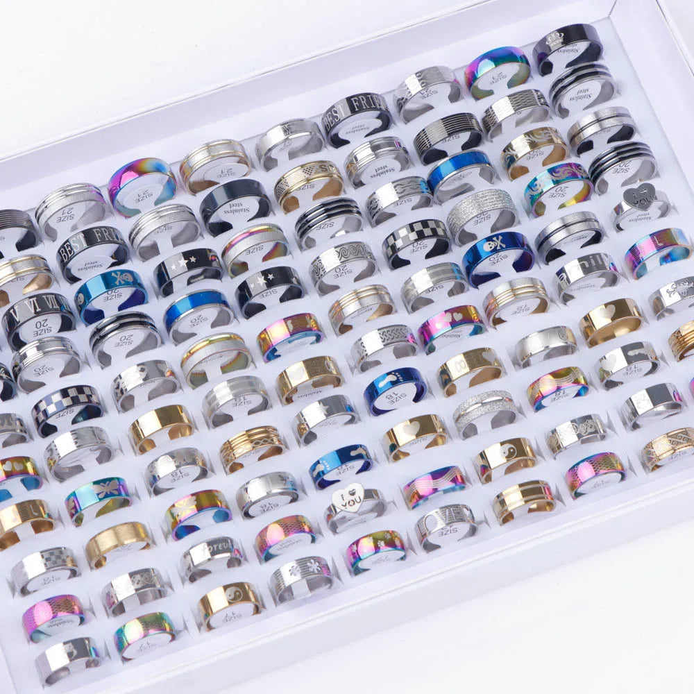 10/20/30/50Pcs Classic Fashion Stripe Hollow Colorful Sticker Stainless Steel Ring Trend Women Jewelry