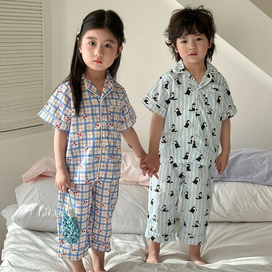 1-10 Years Old Brother Sister Clothes Girls Checkered Cherry Family Suit Boys T Shirt + Shorts 2PCS Suit Children Clothing Set