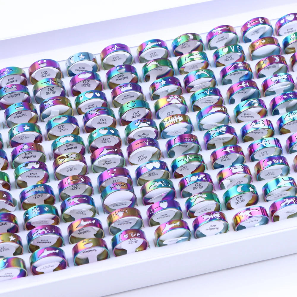 10/20/30/50Pcs Classic Fashion Stripe Hollow Colorful Sticker Stainless Steel Ring Trend Women Jewelry