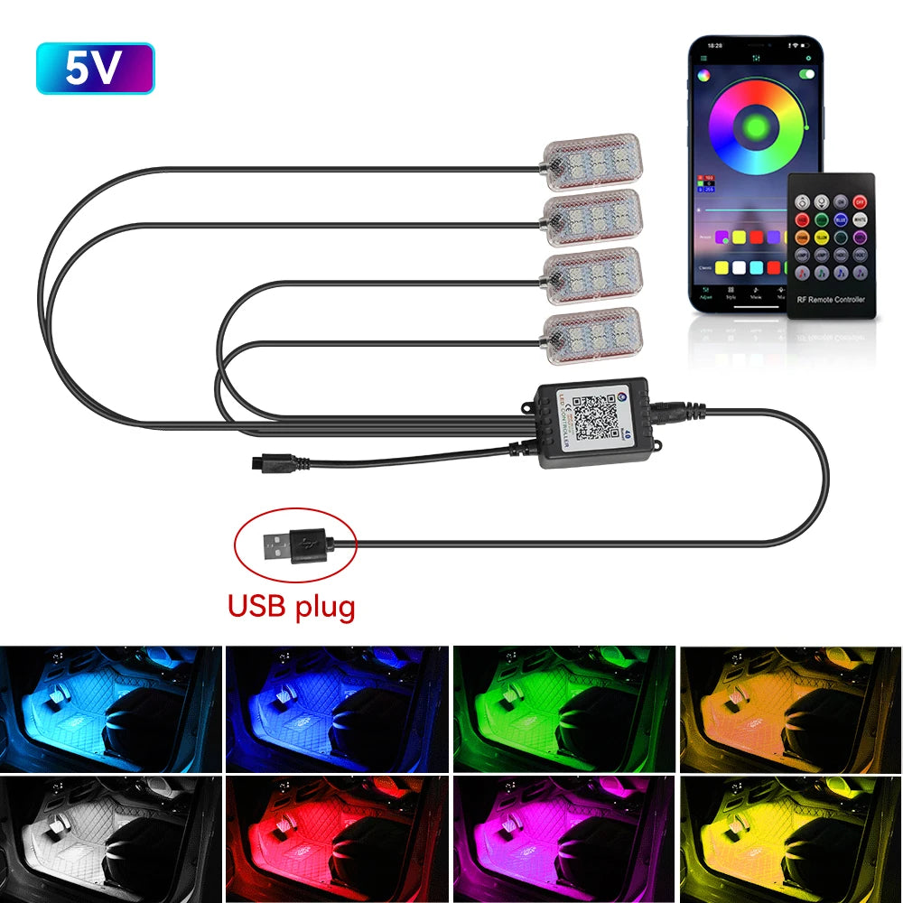 LED Car Interior foot Accessories Remote App Music Control Auto RGB Decorative Lamp